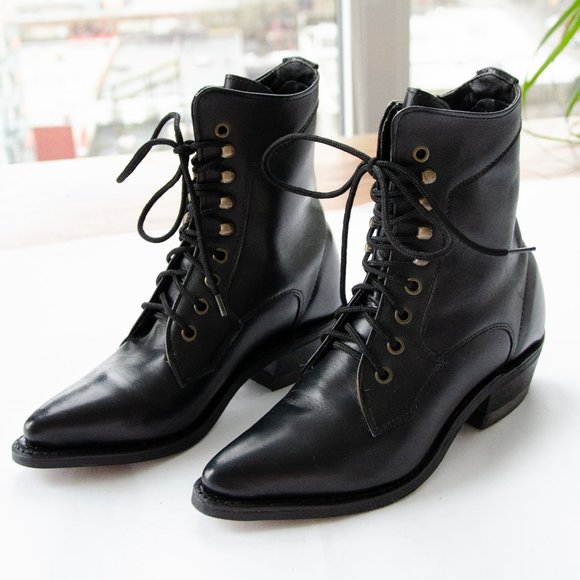 Silver Rebel Shoes - Silver Rebel Black Leather Heeled Western Lace-Up